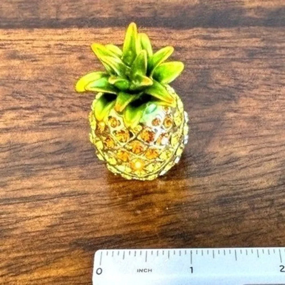Lia Miniature Jeweled Pineapple TrinketBox Vintage Enamel Crystal Tropical Gift